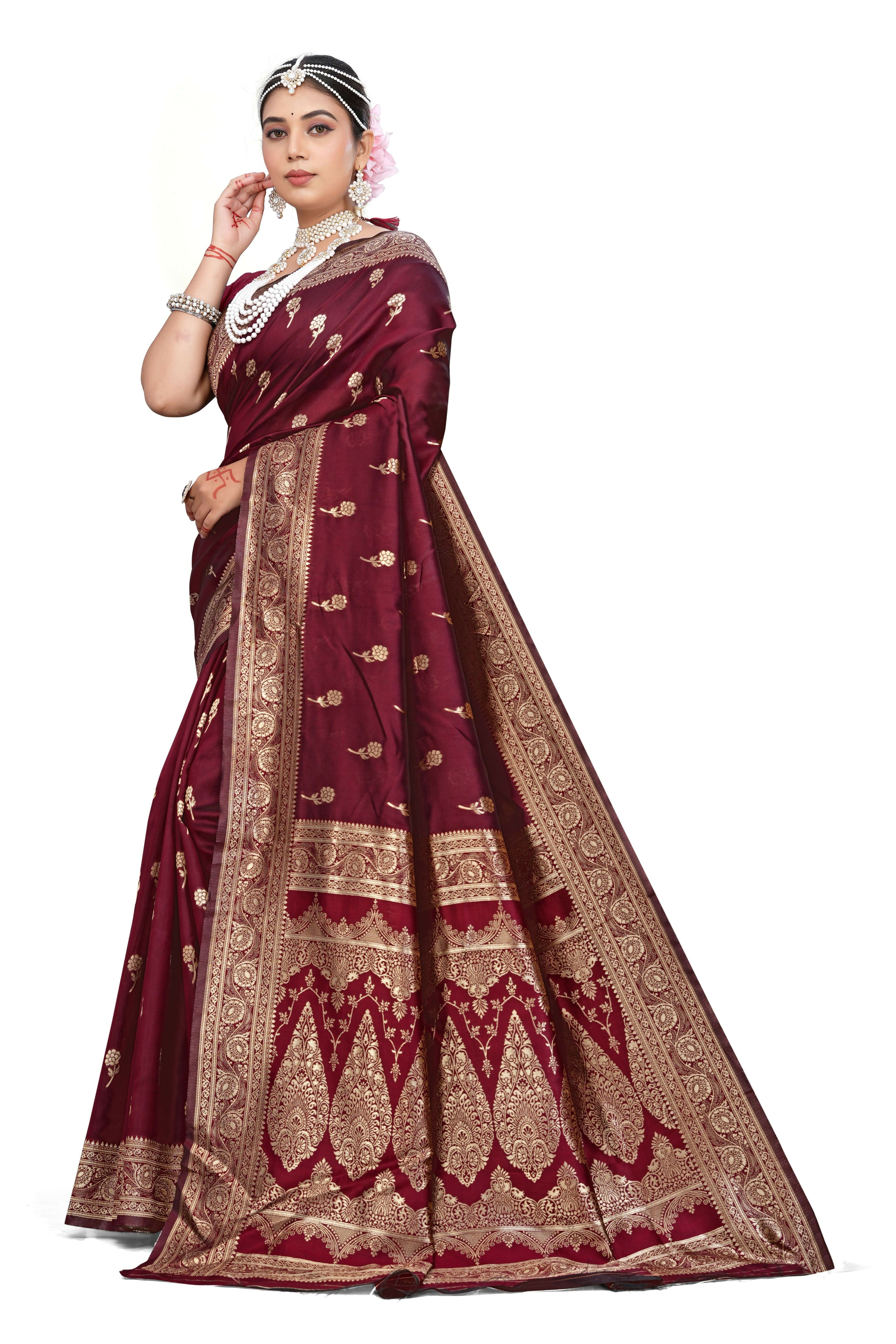 AXONIT Majestic Maroon Premium Jacquard Silk Saree with Golden Zari Work