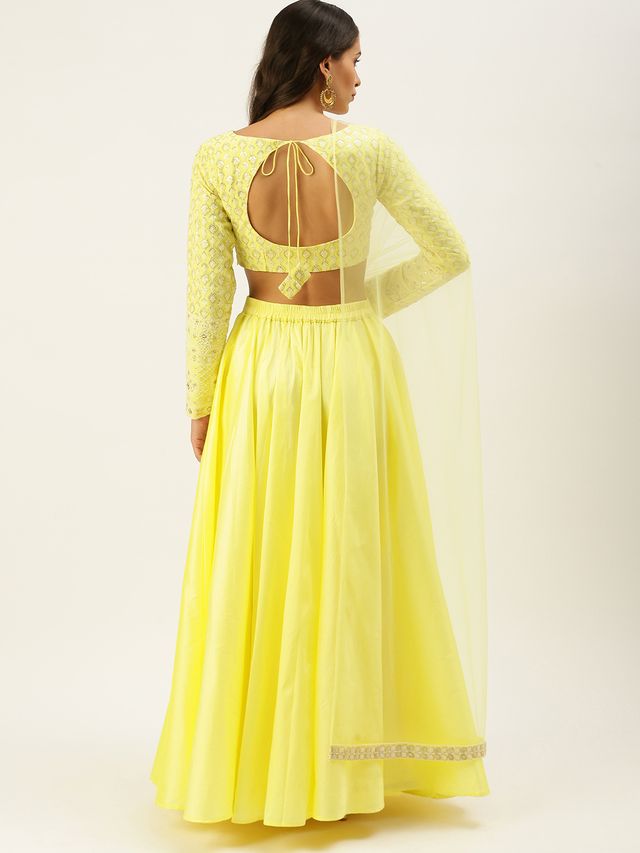 Bollywood Vogue Ready To Wear Lemon Yellow Embroidered Low V Neck Lehenga Set
