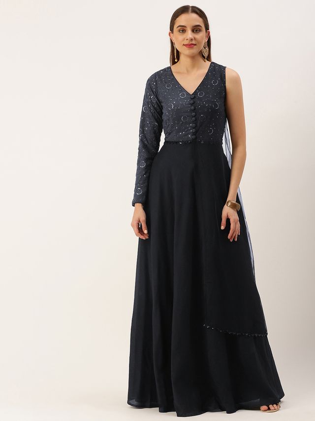 Bollywood Vogue Ready To Wear Grey Georgette Embroidered Gown