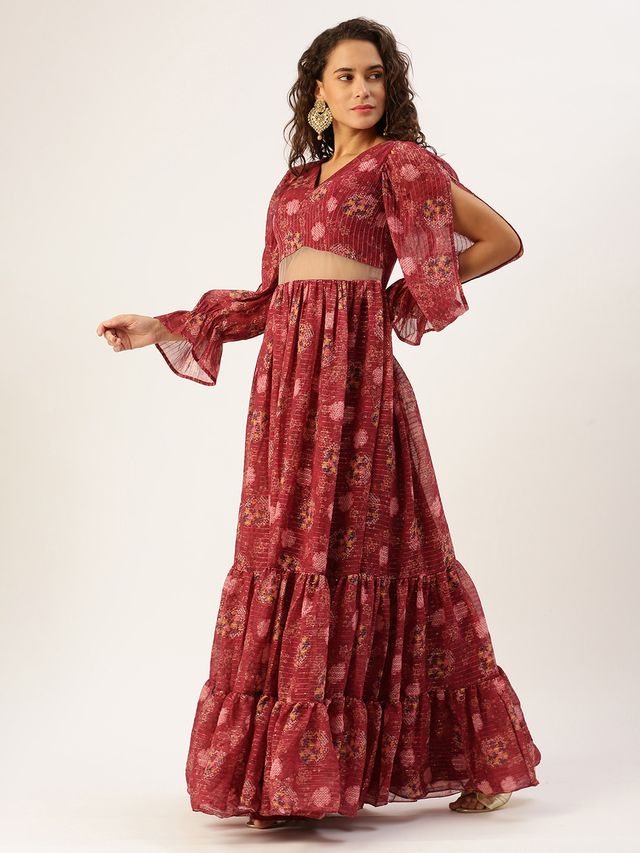 Bollywood Vogue Ready To Wear Wine Georgette Printed Gown