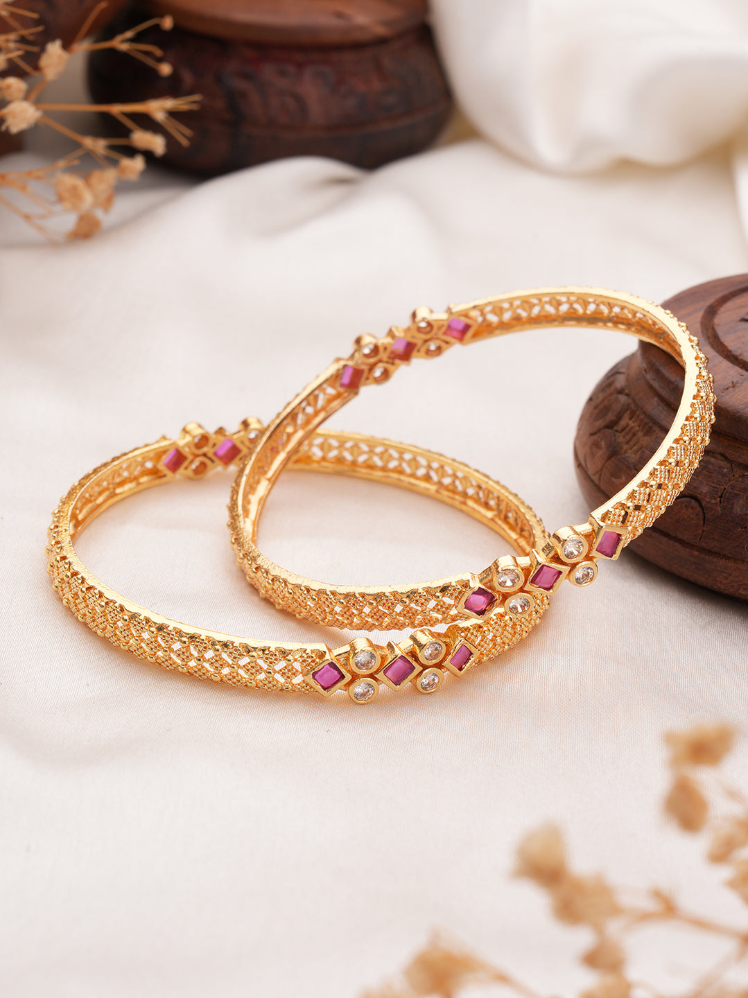 Jazz And Sizzle Set Of 2 18K Gold-Plated Artificial Stones Studded Bangles
