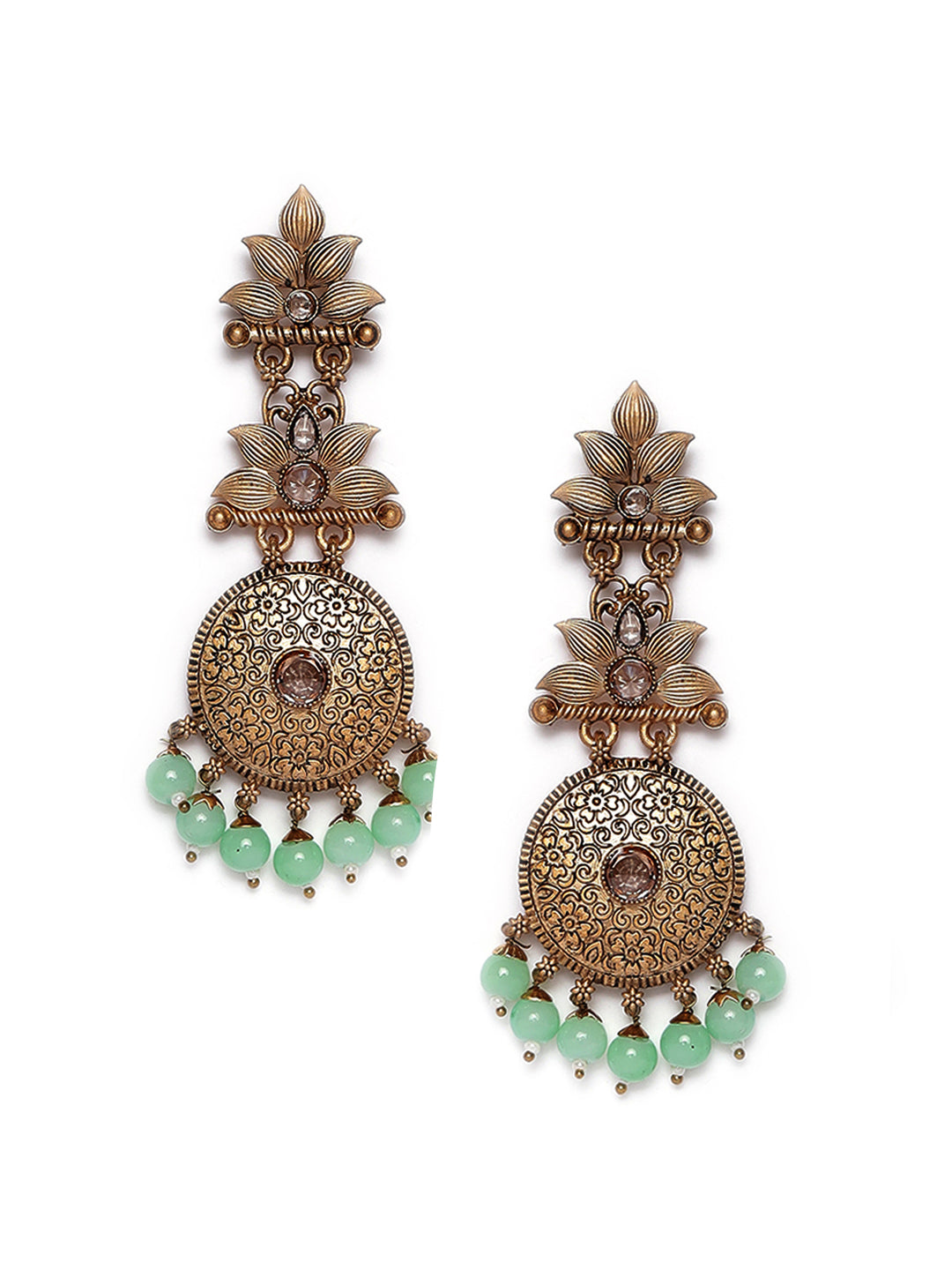 Antique Gold-Plated Textured Handcrafted Floral Pattern Classic Drop Earrings