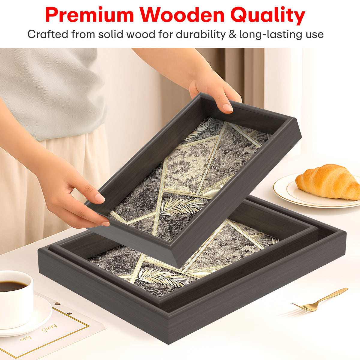 Rioware Wooden Serving Tray Set of 3 | Bamboo Tea & Coffee Serving Trays | Decorative Resin Kitchen & Dining Tray Set | Snack, Breakfast & Home Décor | Vintage Luxe