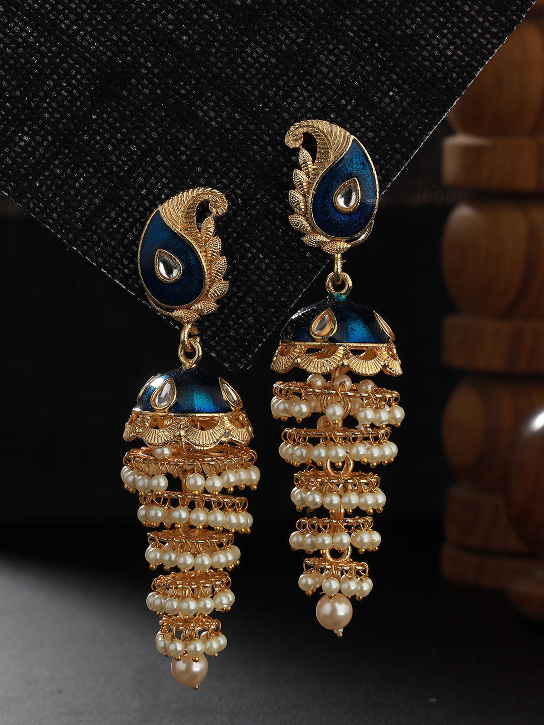 Blue Gold-Plated Kundan-Studded & Meenakari Jhumkas Earrings