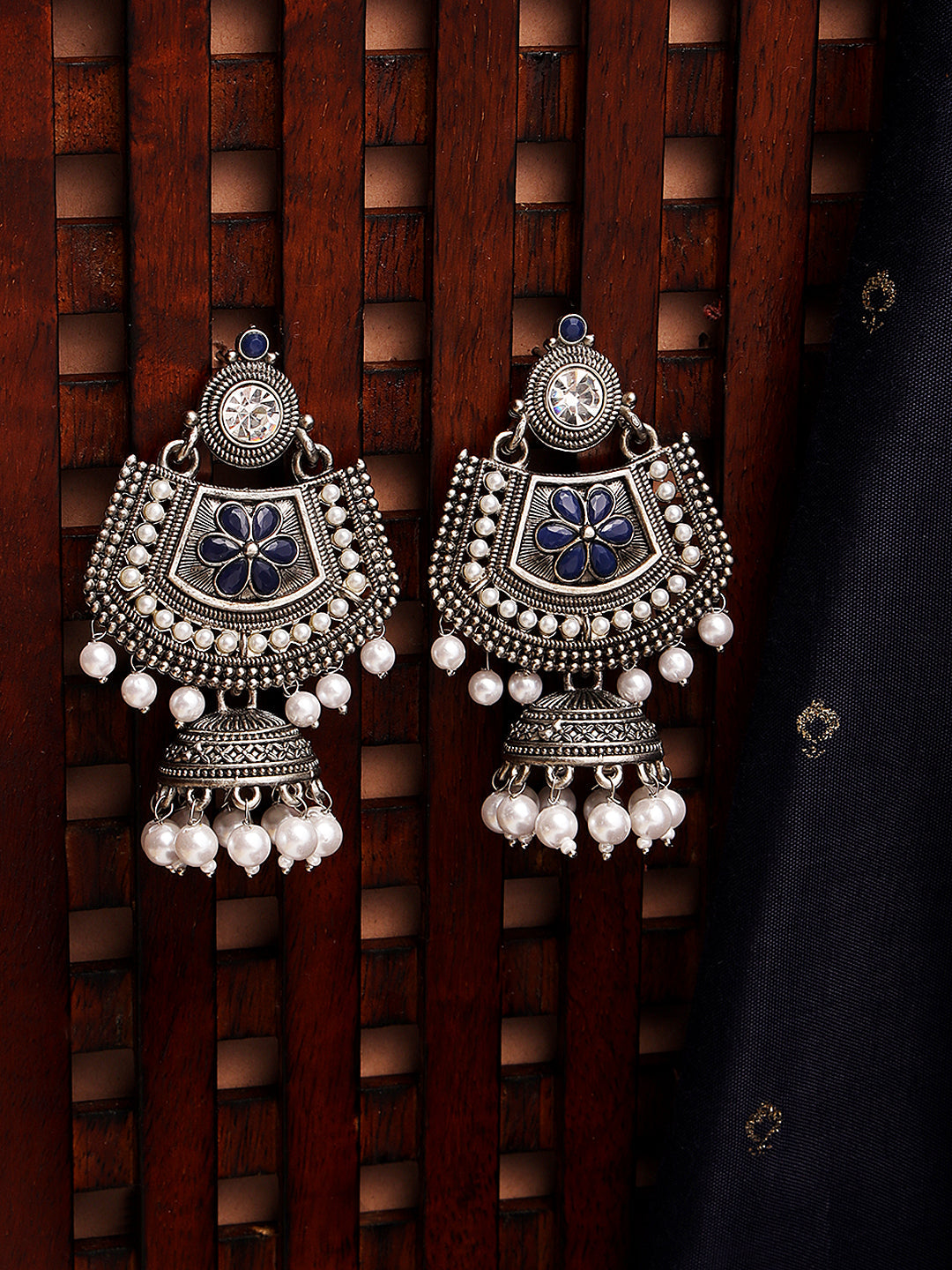 Blue Kundan & White Pearl Beaded Floral Ethnic Jhumka Drop Earrings