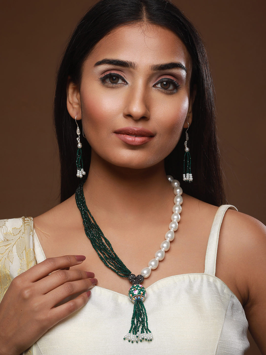 Silver-Plated Beaded Necklace And Earrings