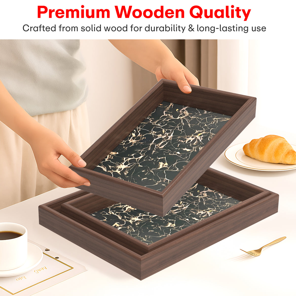 Rioware Wooden Serving Tray Set of 3 | Bamboo Tea & Coffee Serving Trays | Decorative Resin Kitchen & Dining Tray Set | Snack, Breakfast & Home Décor | Midnight Ember