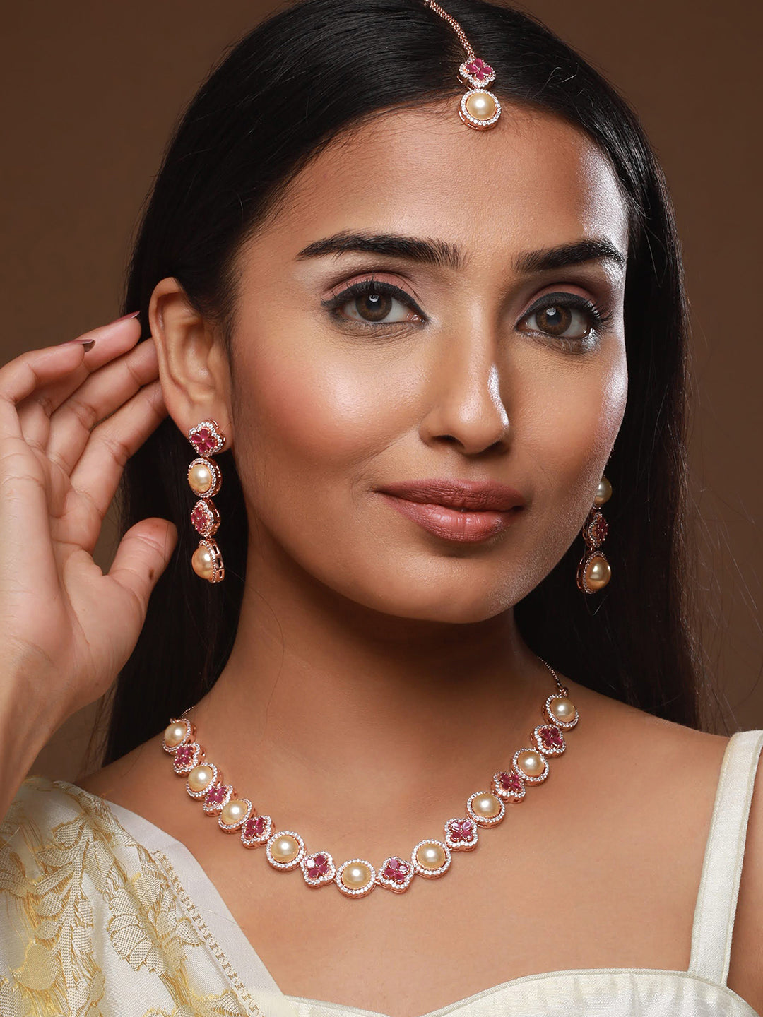 Gold-Plated Ad Studded Necklace And Earrings & With Maang Tika