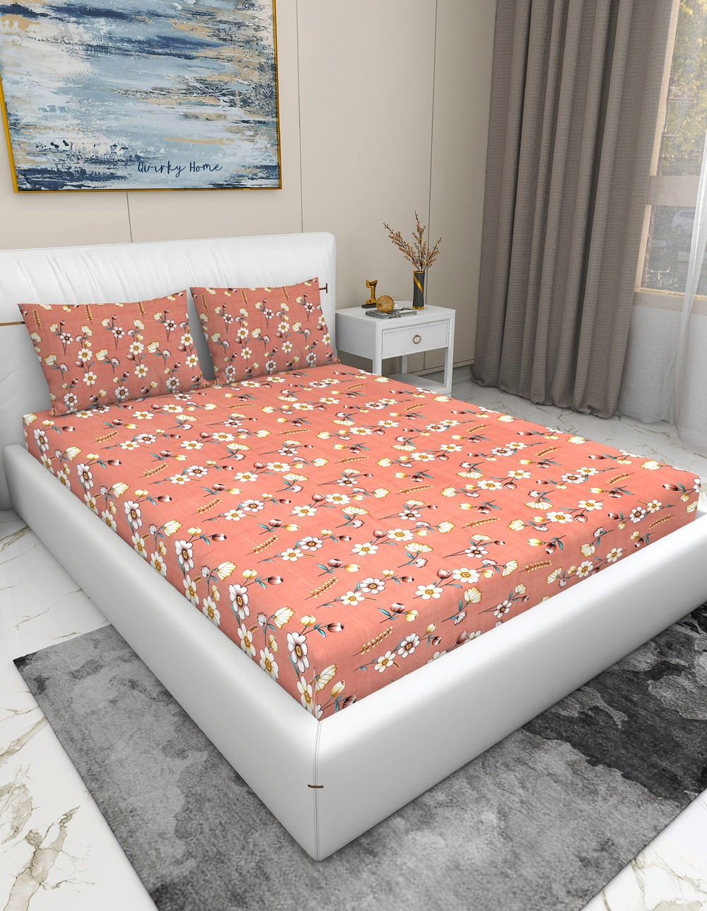 Fantasy Collection Premium Cotton 200 TC Fitted Queen Bedsheet with 2 Pillow Covers - Peach