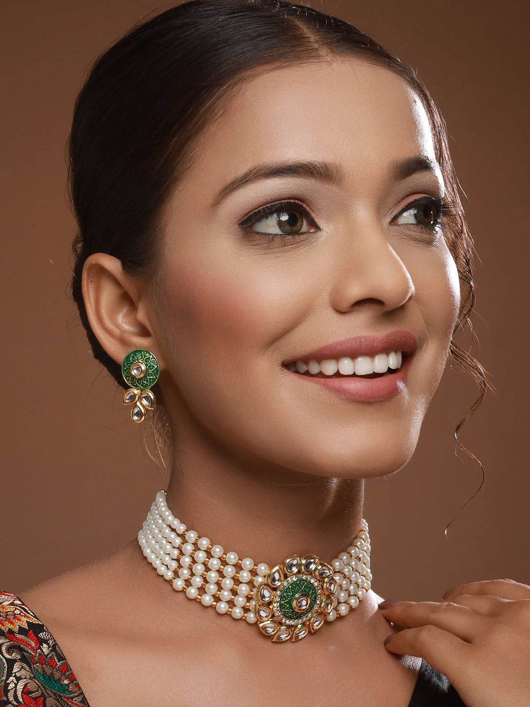 Gold-Plated Kundan-Studded & Beaded Meenakari Necklace & Earrings