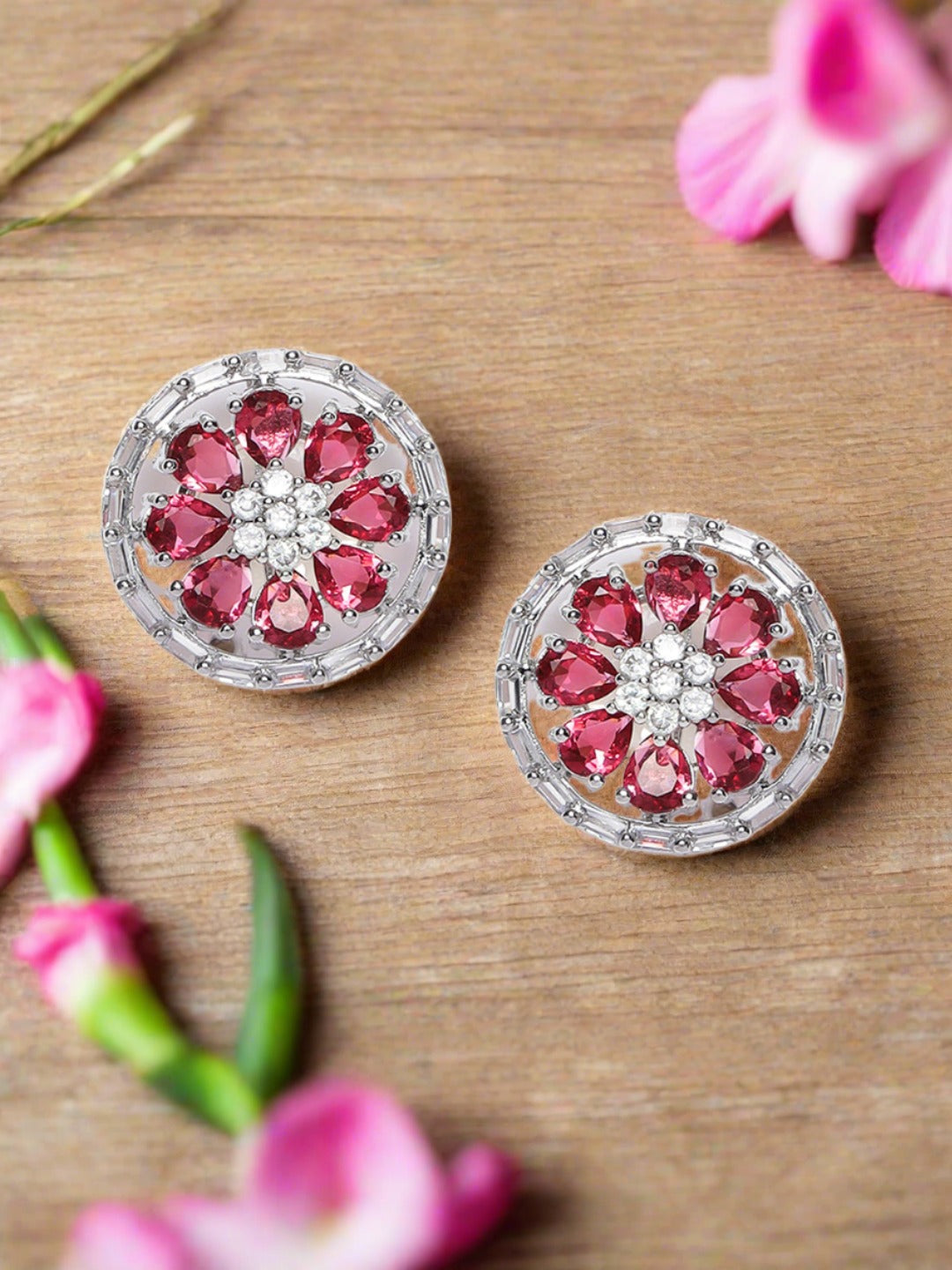 Silver Plated Red Floral Stud Earrings
