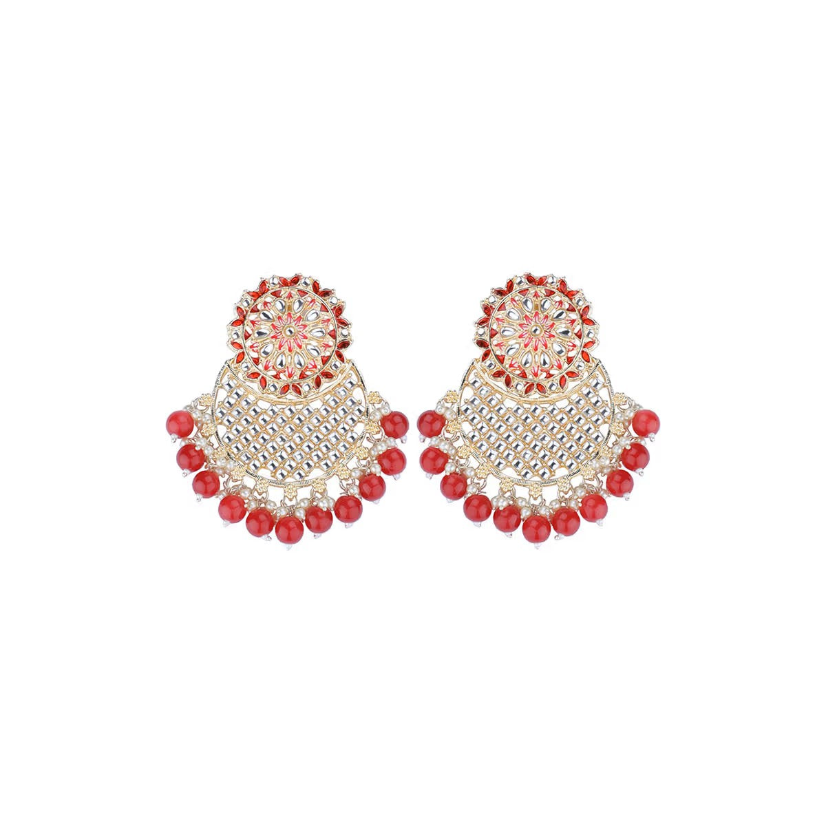 Jazz And Sizzle Red & Gold Plated Floral Shaped Drop Earrings