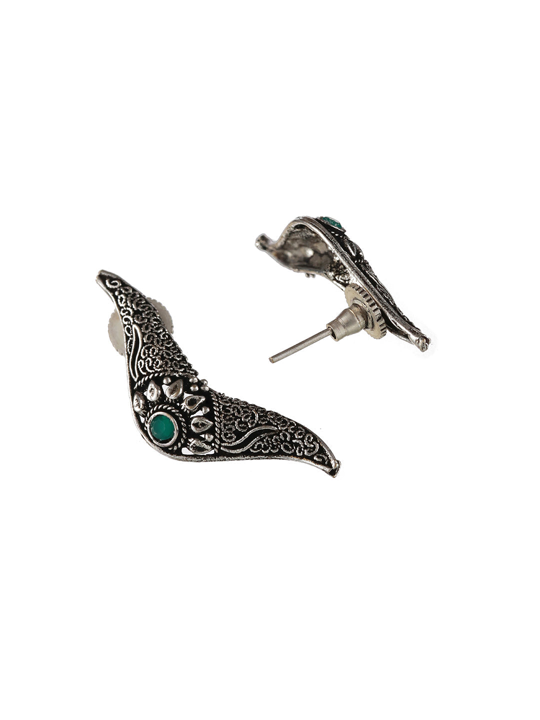 Oxidised Silver-Tone Green Stone Studded Filgree Jewellery Set