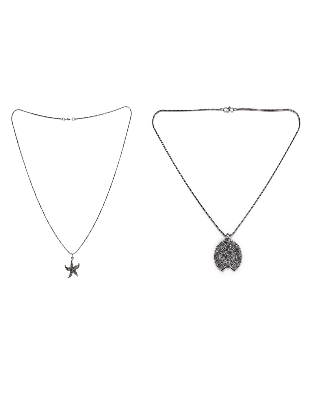 Set Of 2 Star & Geometrical Shape Oxidised Silver-Toned Textured Necklace