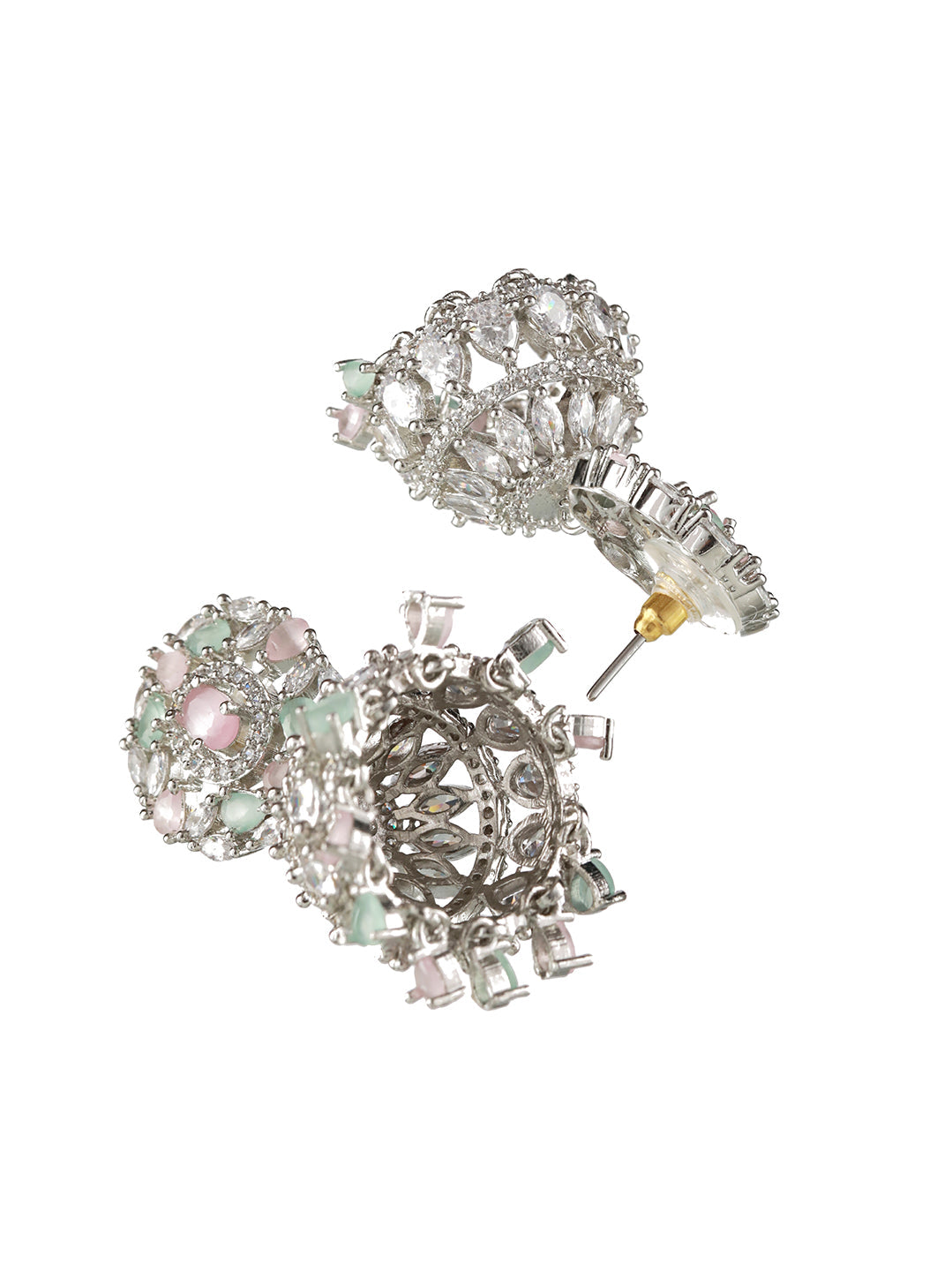 Silver Plated Pink & Mint Green American Diamond Studded Handcrafted Necklace Set With Maangtikka