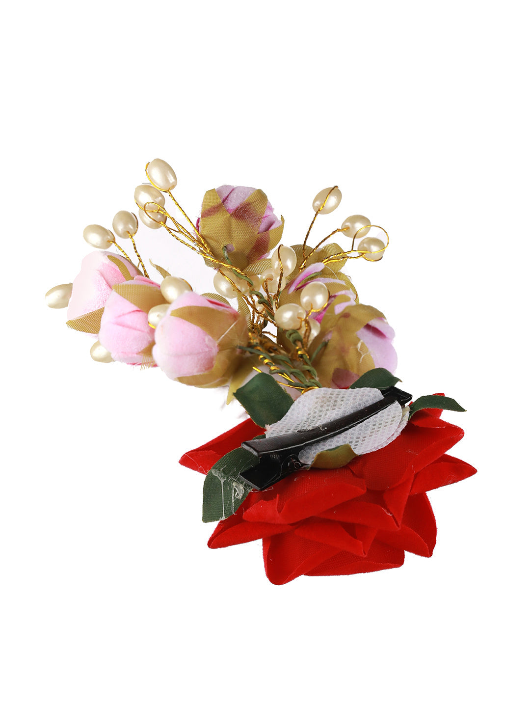 Women Red Rose Wth White & Mauve Embellished Artificial Flower & Pearl Beaded Gajra Designed Hair Pin