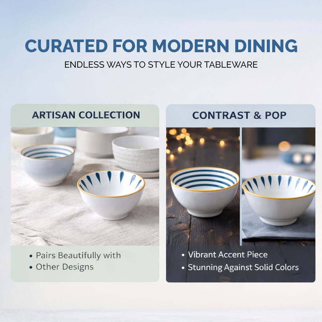 Rioware 300ml Ceramic Bowl Set of 4 with 8 Chopsticks | 11.3 cm Snack & Rice Bowls | Microwave & Dishwasher Safe | BPA & Lead-Free | Ideal for Dal, Fruits, Salad & Serving- Sapphire Touch