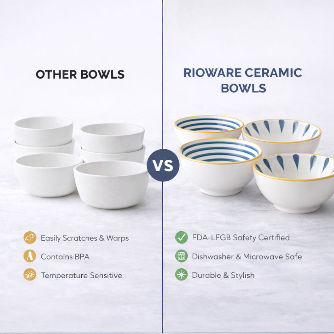 Rioware 300ml Ceramic Bowl Set of 4 with 8 Chopsticks | 11.3 cm Snack & Rice Bowls | Microwave & Dishwasher Safe | BPA & Lead-Free | Ideal for Dal, Fruits, Salad & Serving- Sapphire Touch