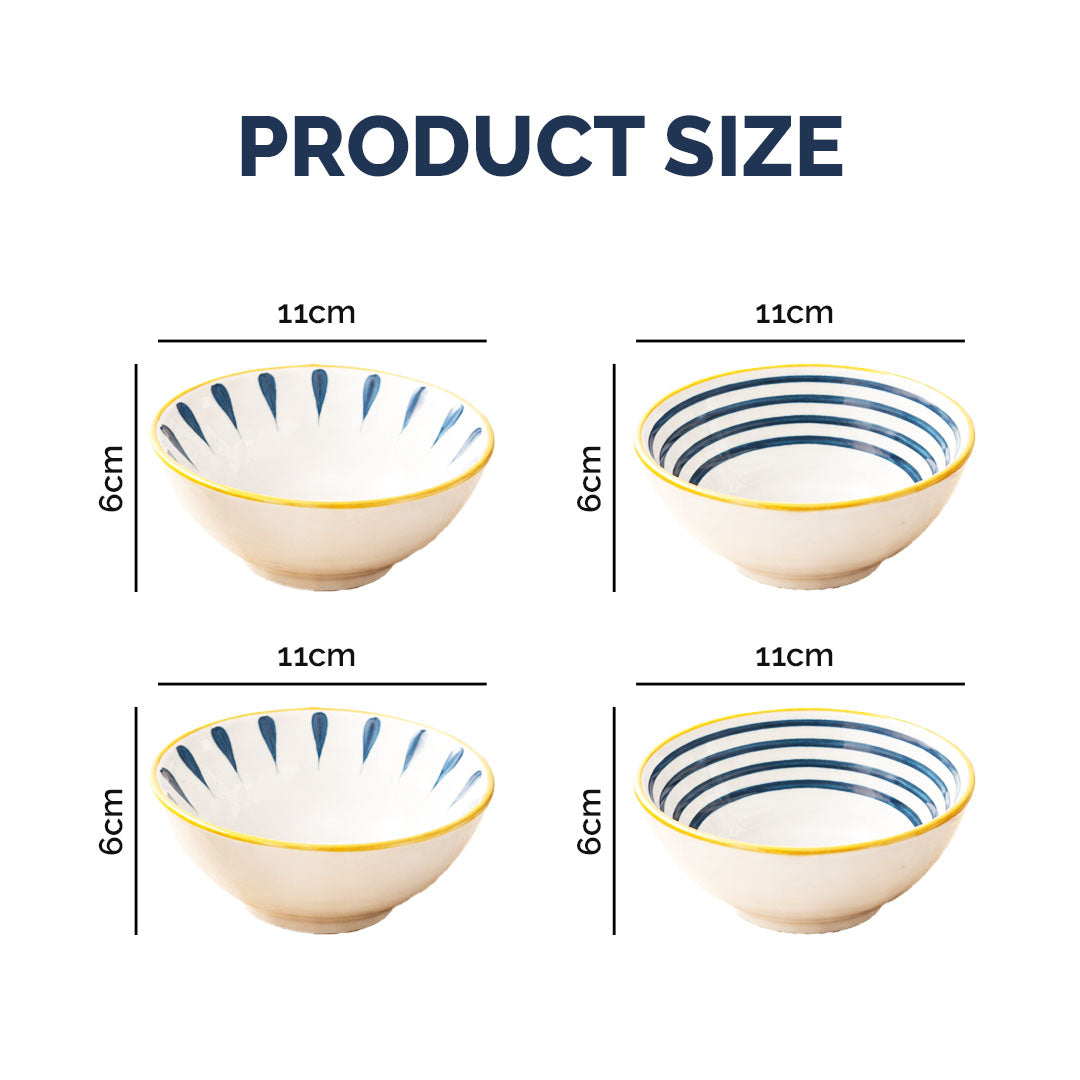 Rioware 300ml Ceramic Bowl Set of 4 with 8 Chopsticks | 11.3 cm Snack & Rice Bowls | Microwave & Dishwasher Safe | BPA & Lead-Free | Ideal for Dal, Fruits, Salad & Serving- Sapphire Touch