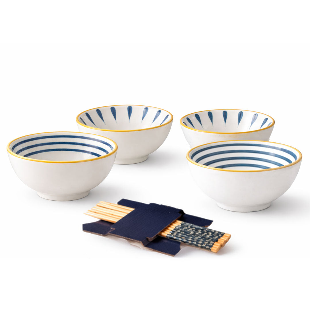 Rioware 300ml Ceramic Bowl Set of 4 with 8 Chopsticks | 11.3 cm Snack & Rice Bowls | Microwave & Dishwasher Safe | BPA & Lead-Free | Ideal for Dal, Fruits, Salad & Serving- Sapphire Touch