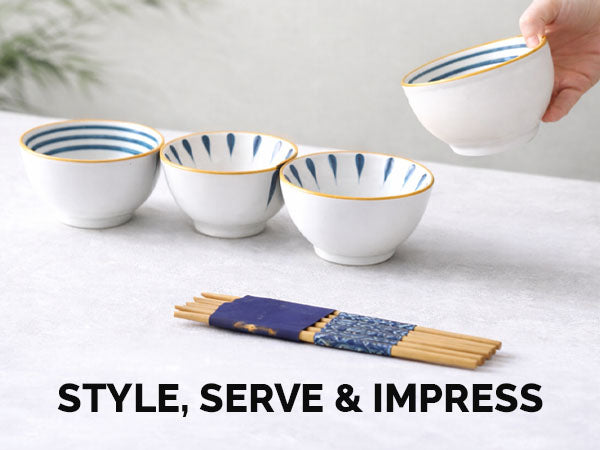 Rioware 300ml Ceramic Bowl Set of 4 with 8 Chopsticks | 11.3 cm Snack & Rice Bowls | Microwave & Dishwasher Safe | BPA & Lead-Free | Ideal for Dal, Fruits, Salad & Serving- Sapphire Touch