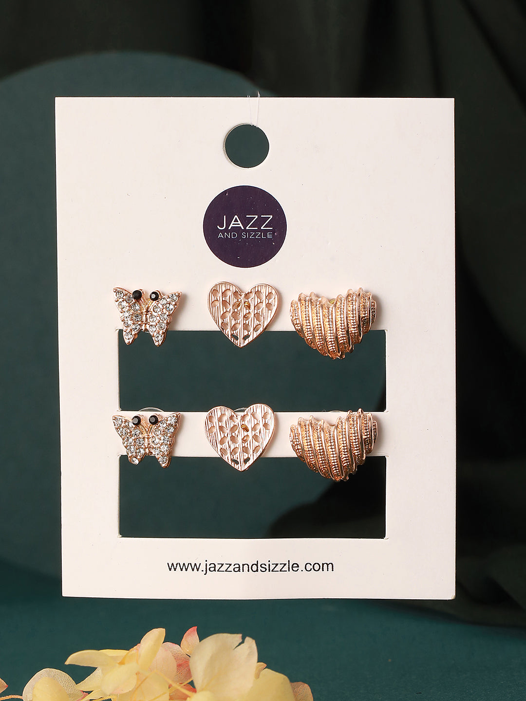 Set Of 3 Gold-Plated Heart Shaped Stud Earrings