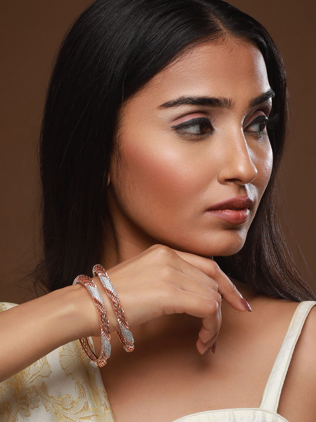 Set Of 2 Rose Gold-Plated Ad Studded Bangles