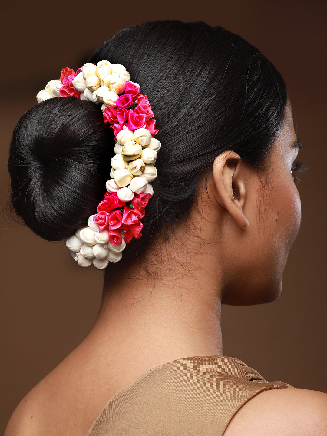 Women Pink Rose & White Mogra Artificial Flower Gajra Floral Hair Bun