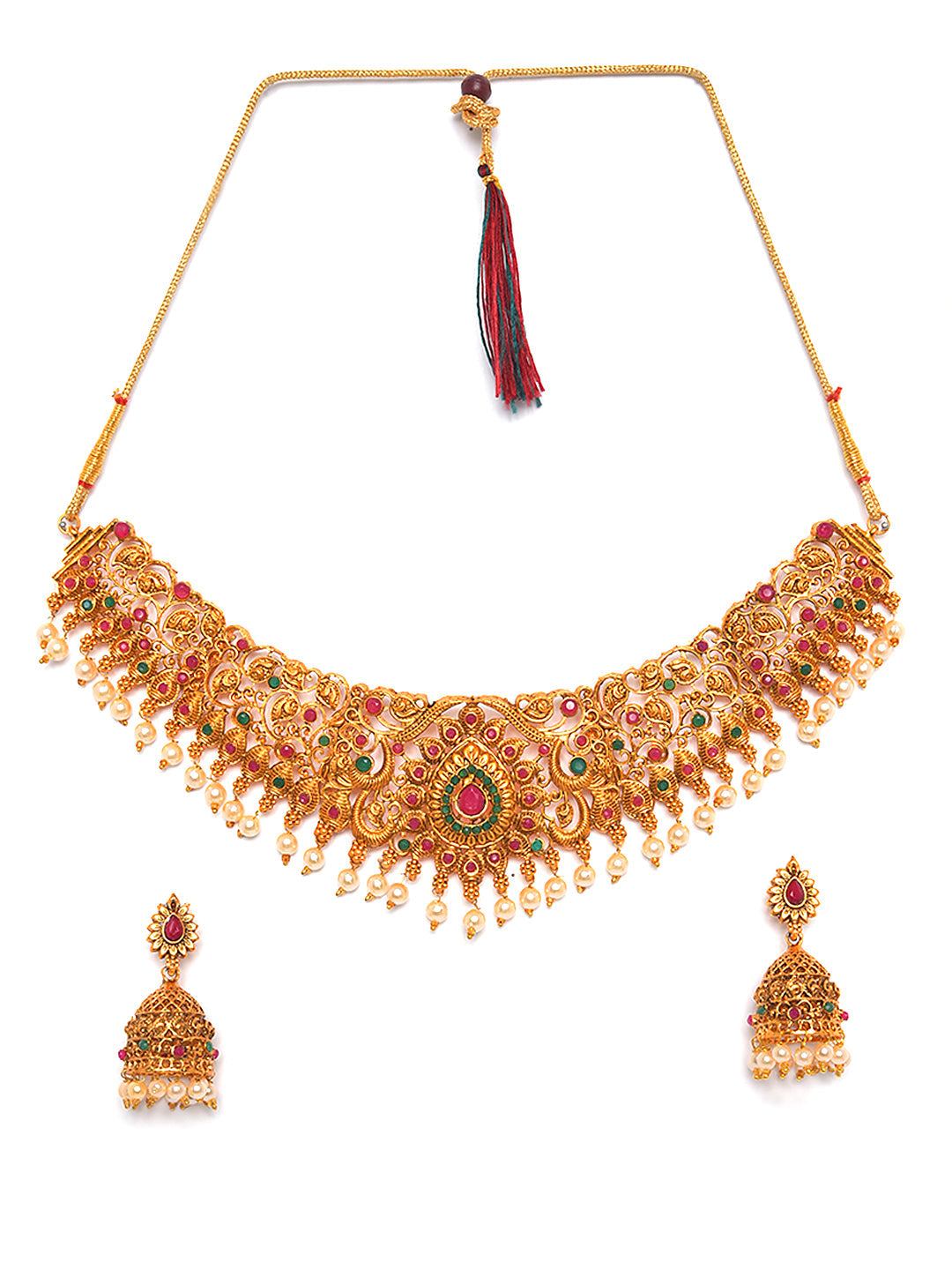Gold-Toned Pink & Green Stone-Studded, Beaded Handcrafted Jewellery Set