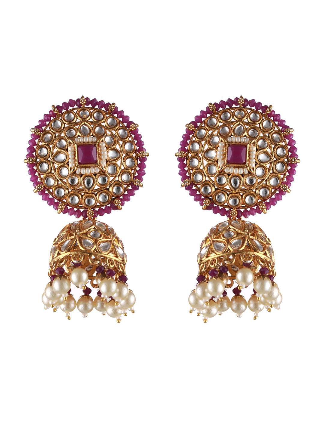 Gold-Plated Wine Kundan Studded & Pearl Beaded Choker Jewellery Set With Maangtikka