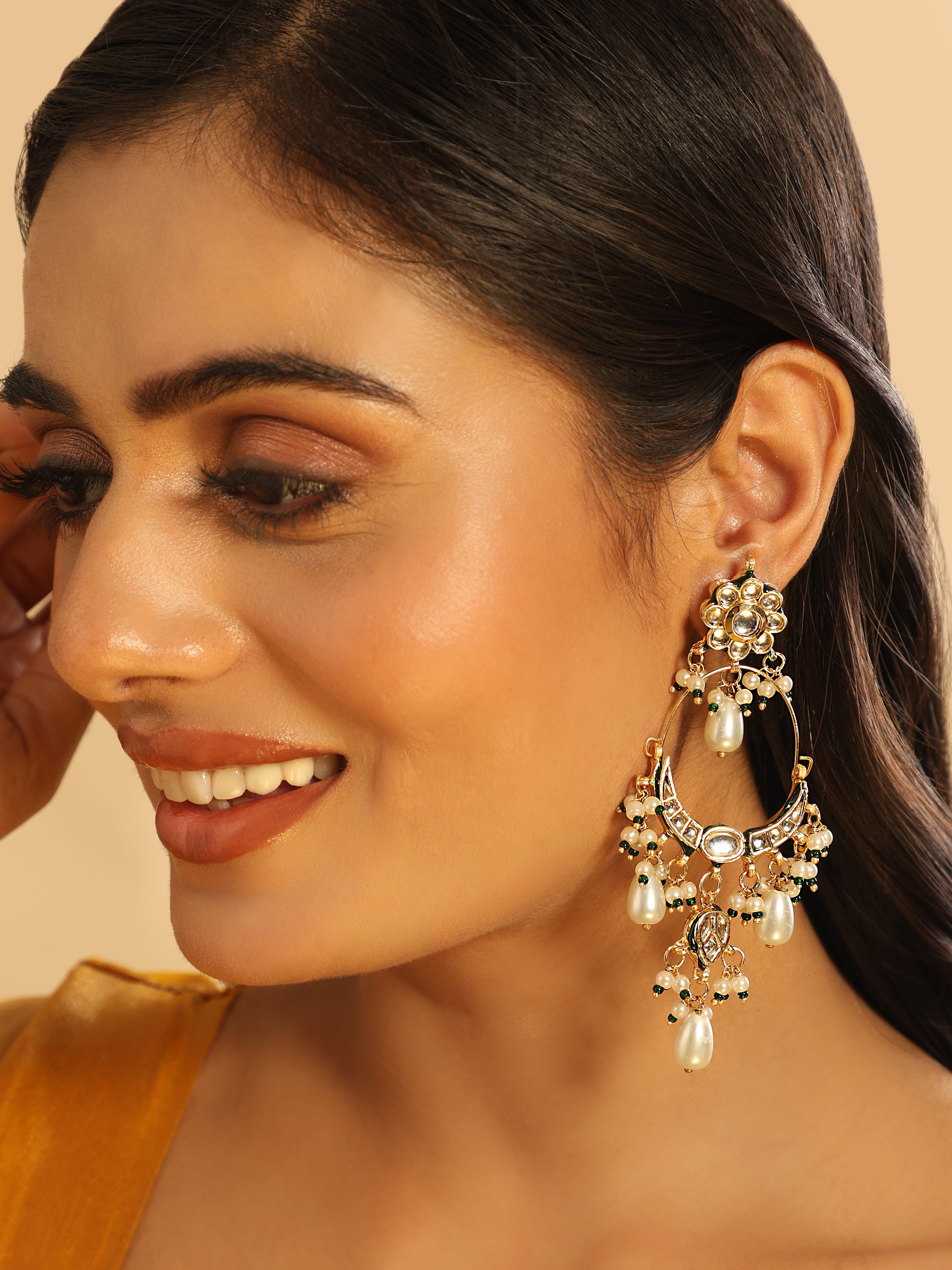 22K Gold Plated Crescent Kundan Drop Pearl Chandbali Earrings