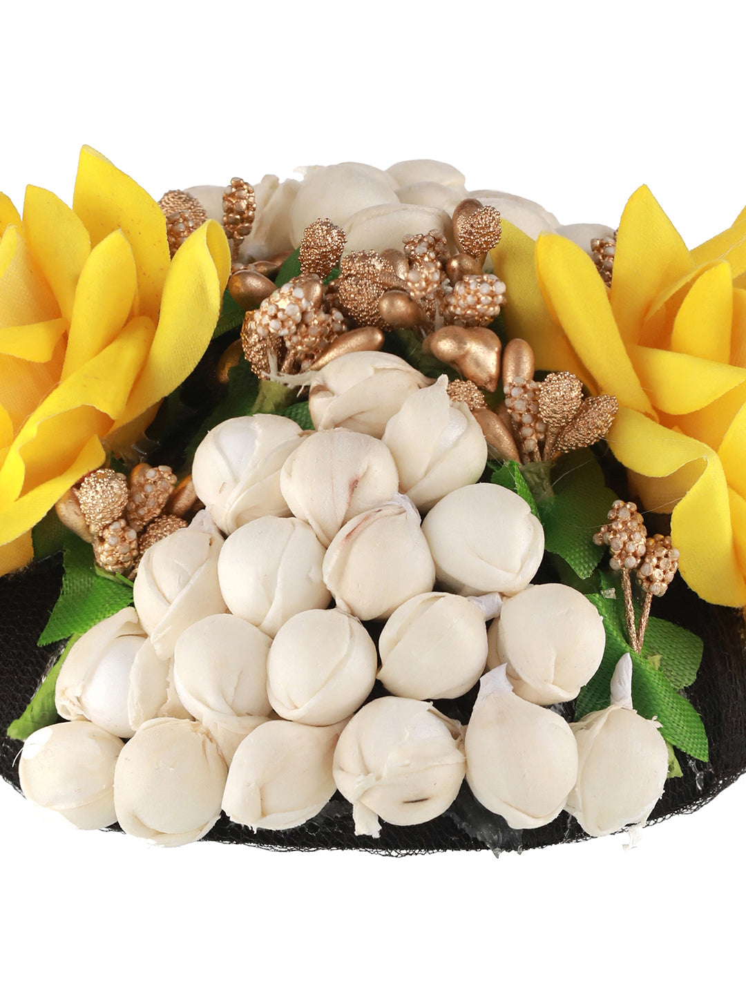 Women Yellow Rose & White Mogra Embellished Artificial Flower Gajra Designed Hair Bun Cover