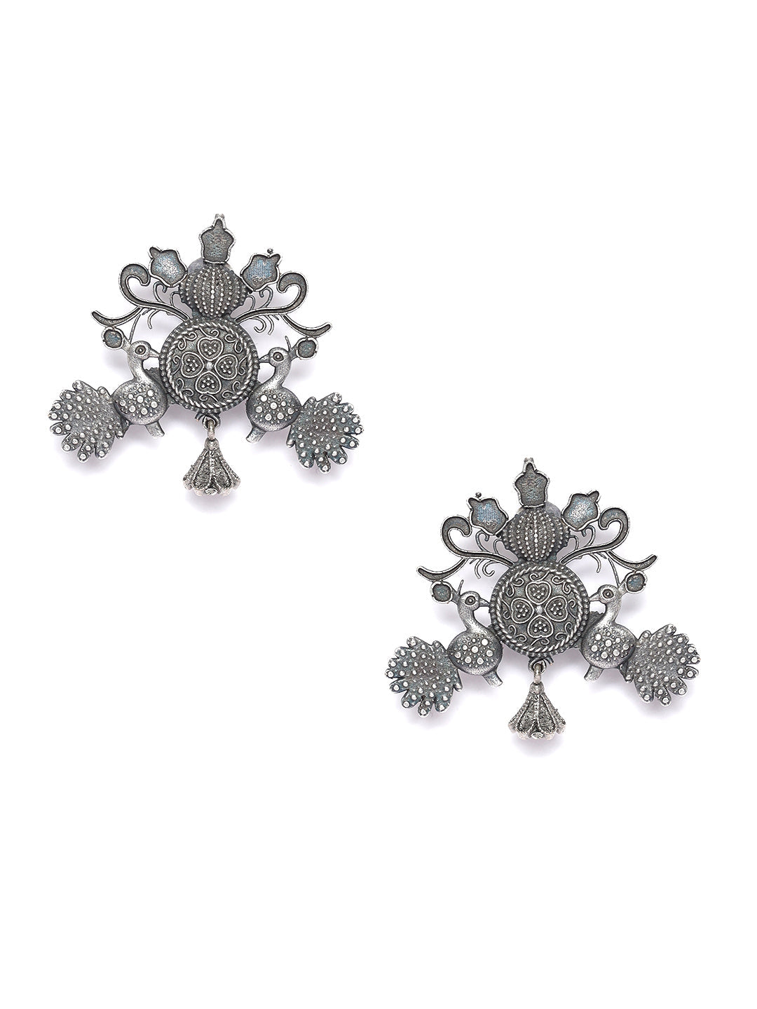 Silver-Toned Peacock Shaped Drop Earrings