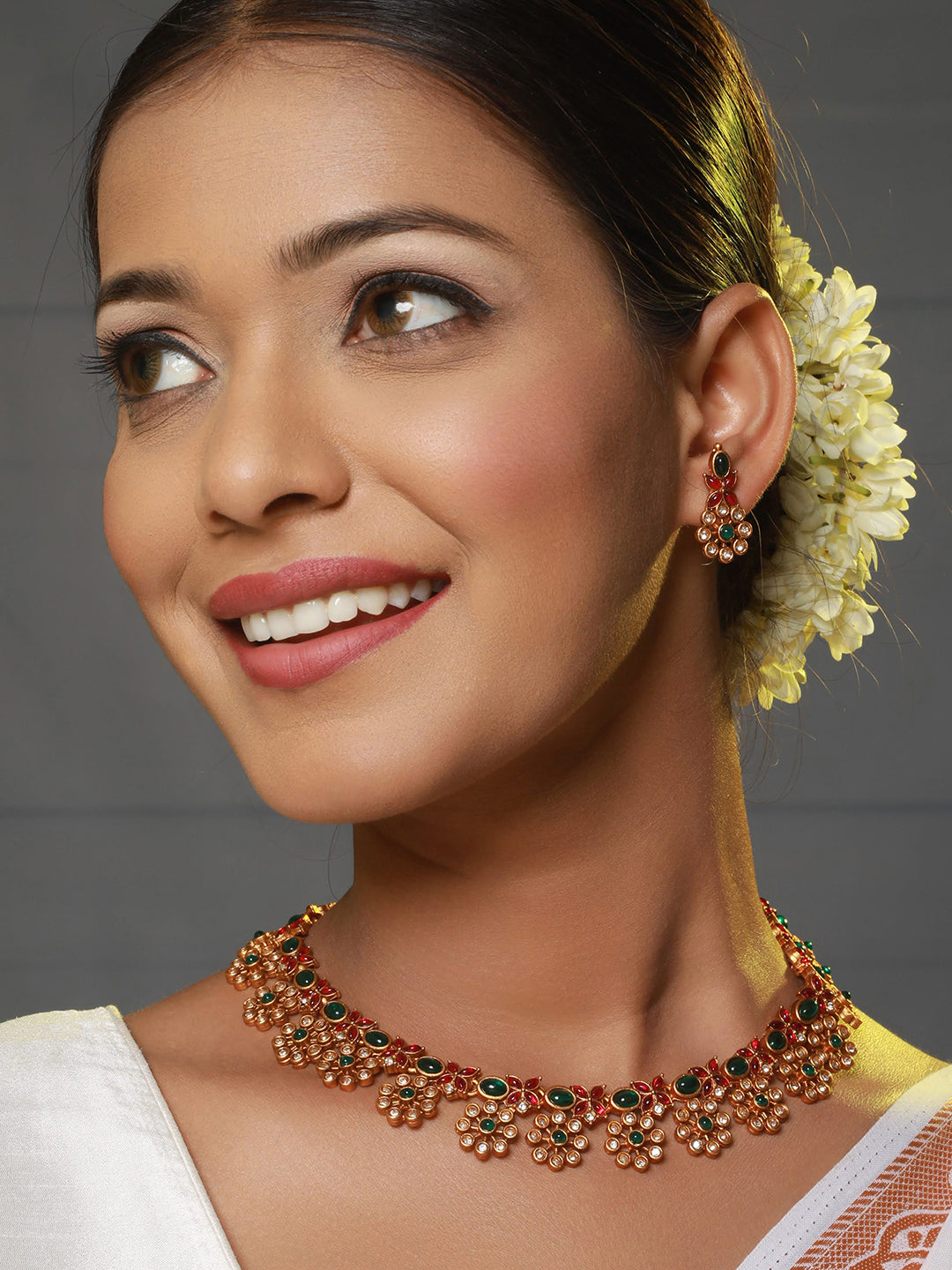 Gold-Plated American Diamond-Studded Brass Necklace & Earrings