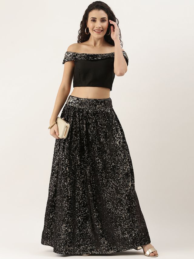 Bollywood Vogue Ready To Wear Black Sequins Embroidered Crop Top N Skirt