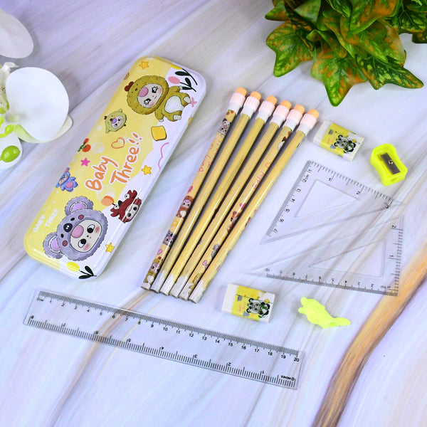 Complete Stationery Geometry Box Set with Pencils, Erasers, Sharpener, Scale, Geometrical Instruments, and Cartoon Printed Metal Pencil Box(1 Set)