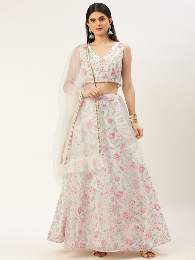 Bollywood Vogue Ready To Wear White Embroidered Organza Lehenga Set