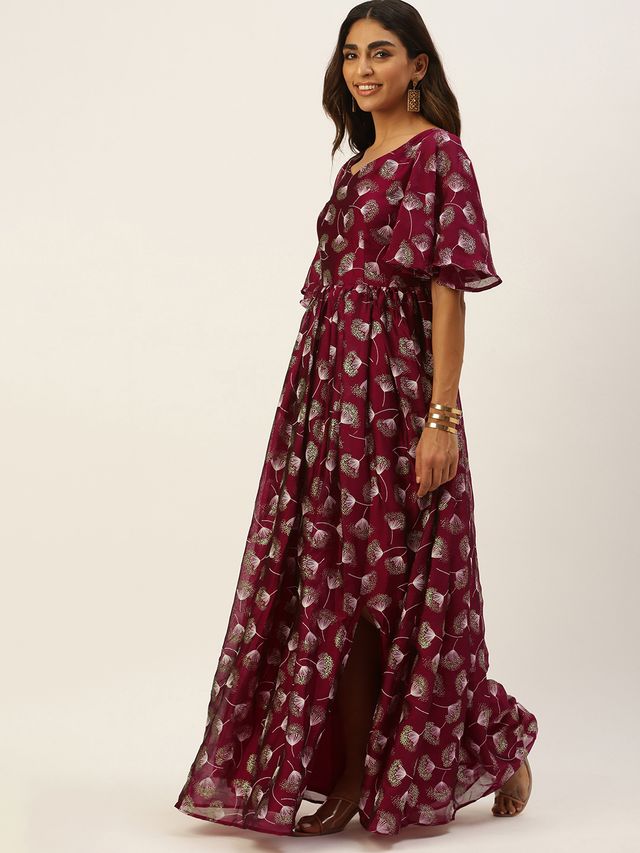 Bollywood Vogue Ready To Wear Maroon Satin Blend Foil Printed Slit Maxi Dress
