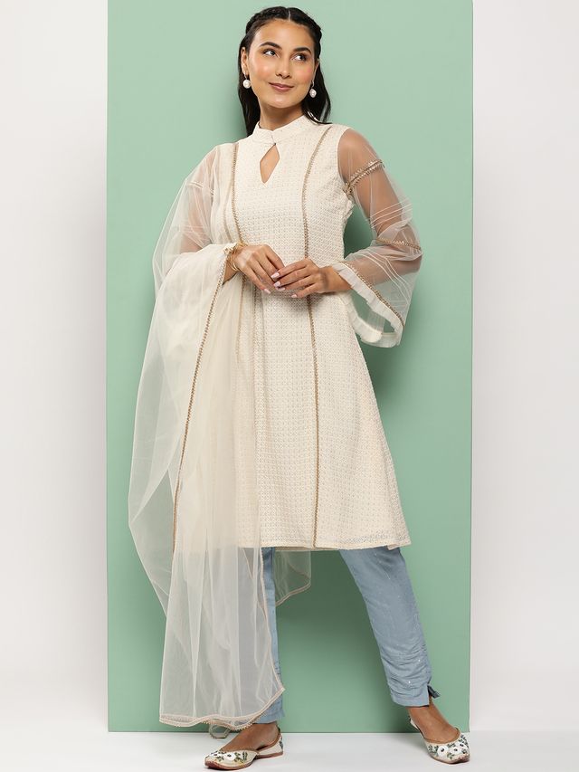Bollywood Vogue Ready To Wear Grey N White Sequin Embroidered Straight Pant Suit