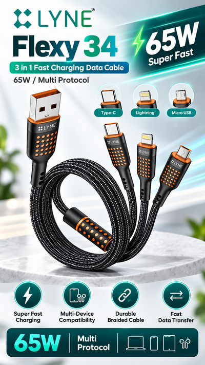LYNE Flexy 34 3-in-1, 65W Fast Charging Data Cable – Type-C + Lightning + Micro USB, 1 Metre, Black & White