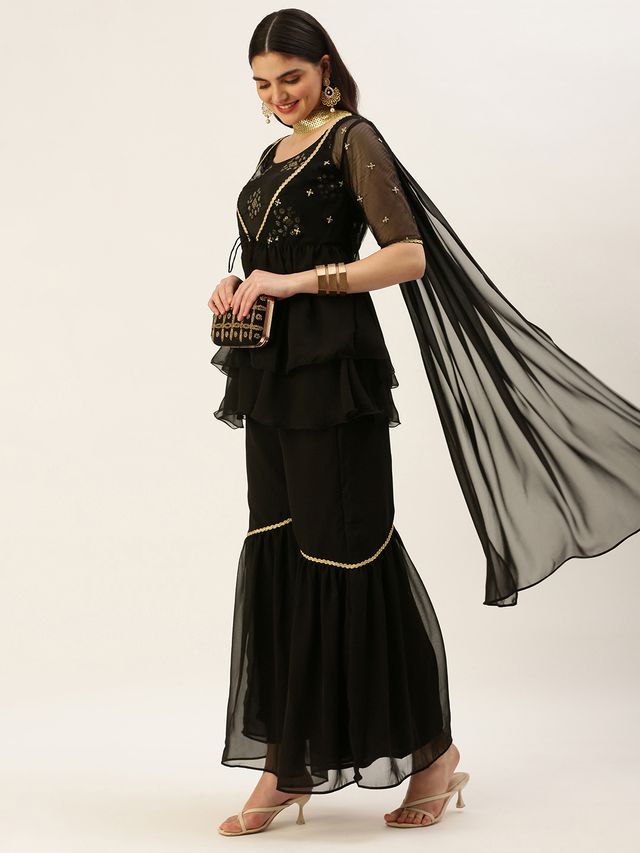 Bollywood Vogue Ready To Wear Black Chinon Embroidered N Sequins Gharara Set