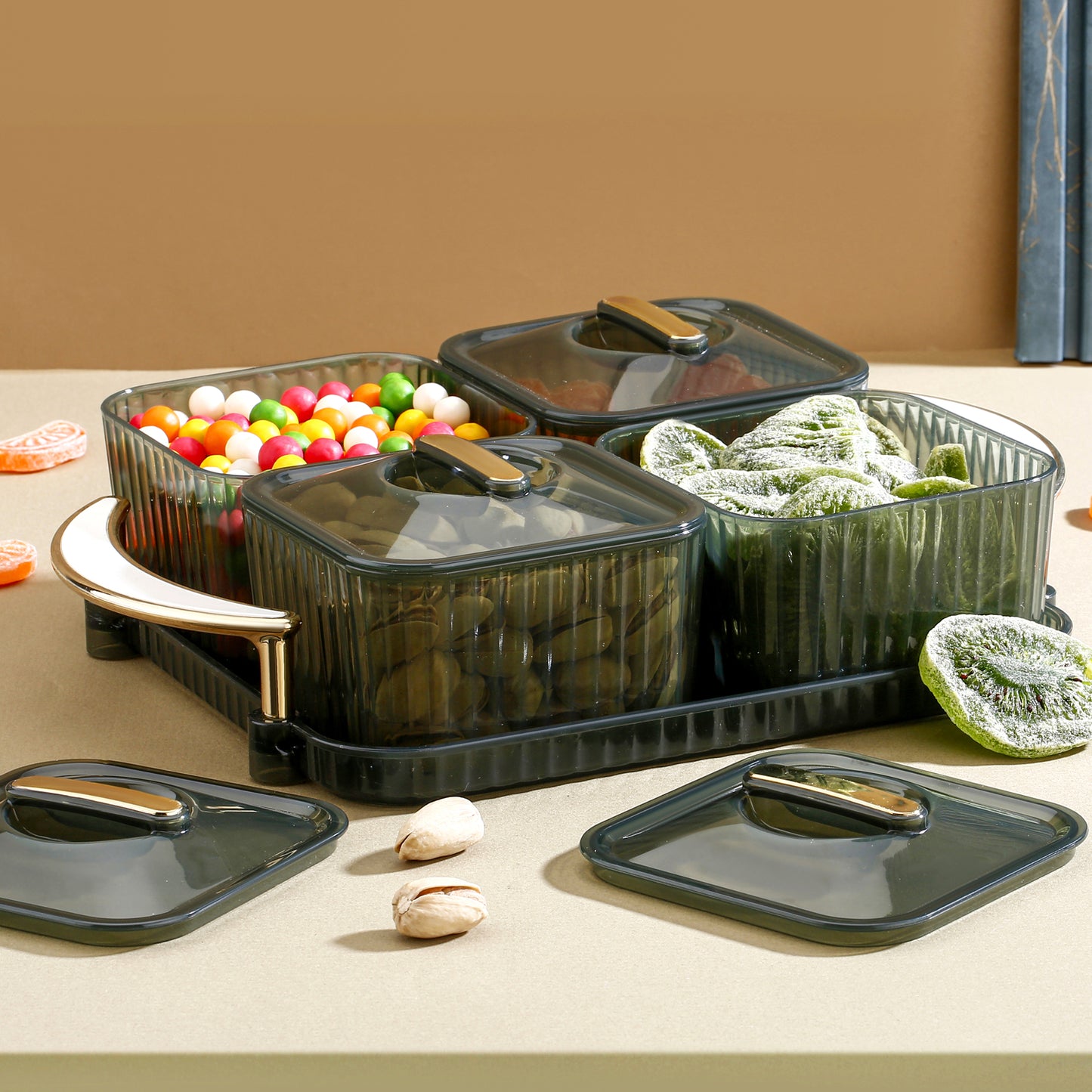 Luxury Delight 4-Piece Dryfruit Storage Box with Premium Golden Handle Tray (1 Set)