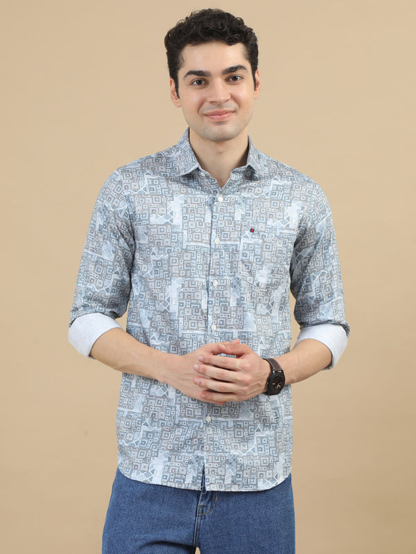 Men Sky Blue Slim Fit Digital Printed Full Sleeve Casual Shirt