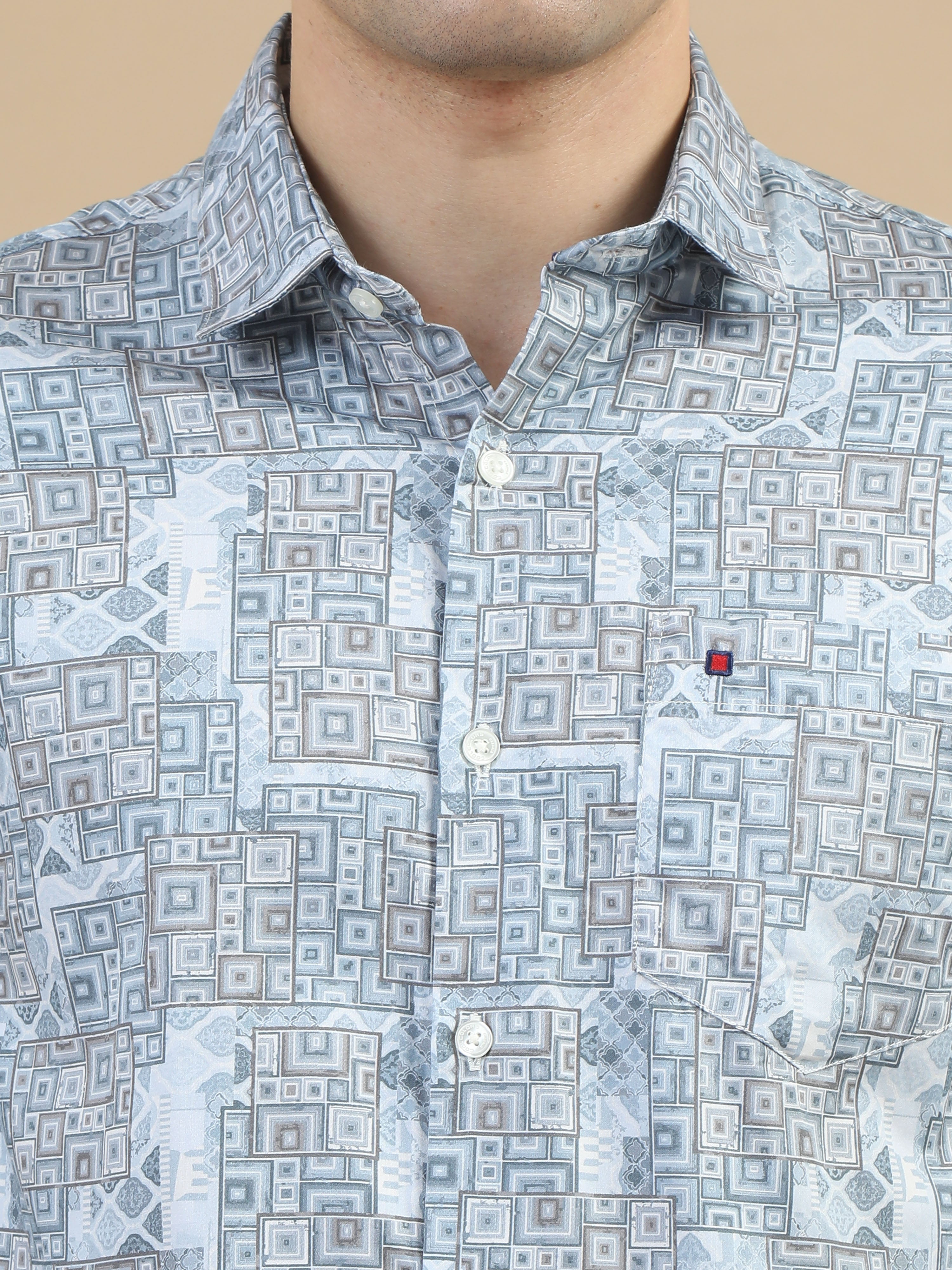 Men Sky Blue Slim Fit Digital Printed Full Sleeve Casual Shirt