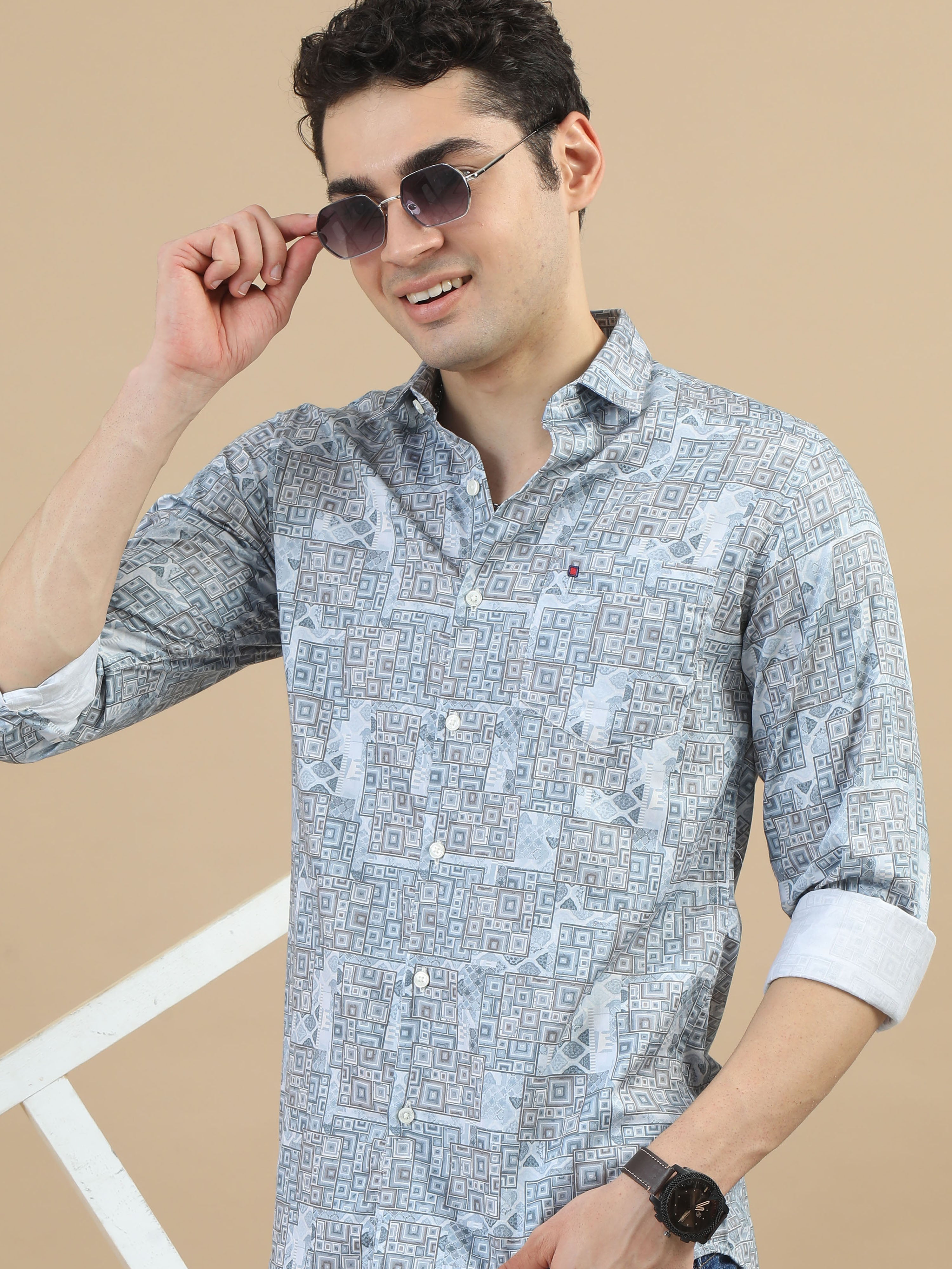 Men Sky Blue Slim Fit Digital Printed Full Sleeve Casual Shirt
