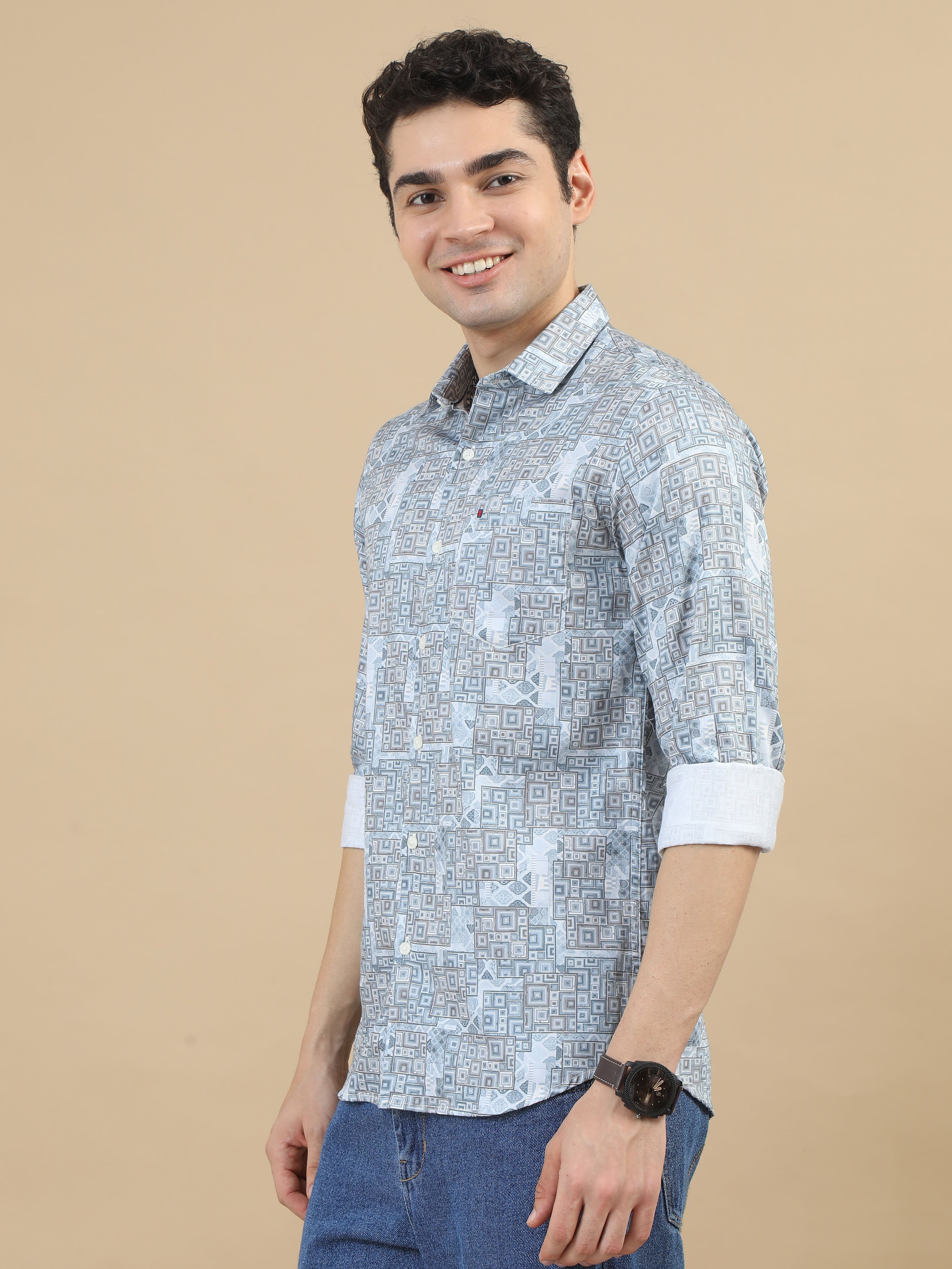 Men Sky Blue Slim Fit Digital Printed Full Sleeve Casual Shirt