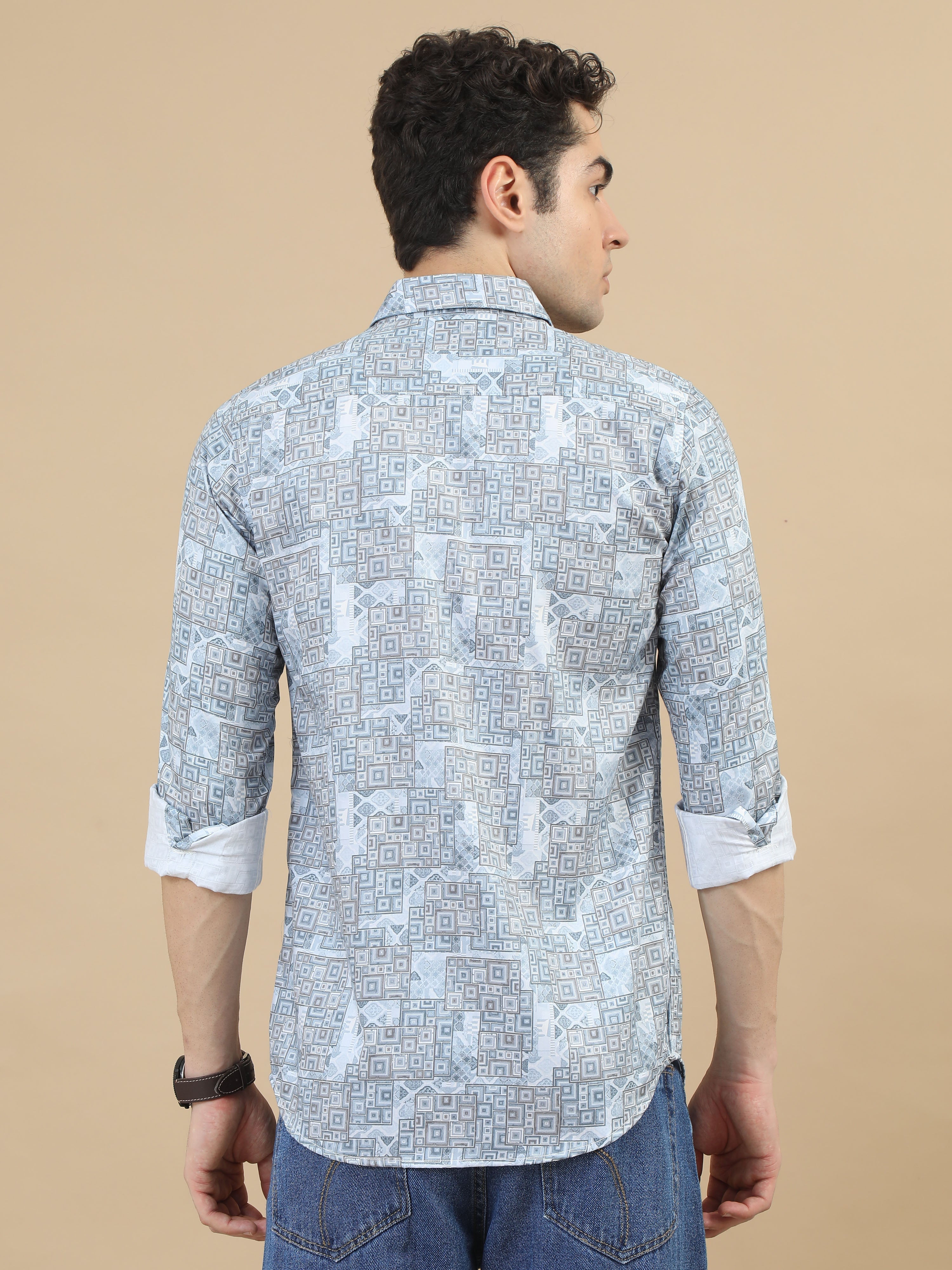 Men Sky Blue Slim Fit Digital Printed Full Sleeve Casual Shirt