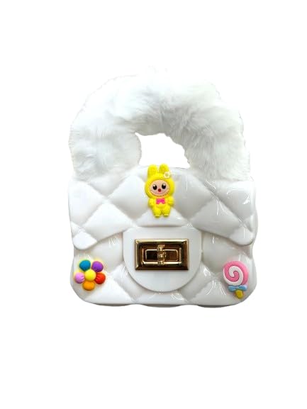 Buddy Cares Girls Hand-Held Quilted Sling Bag with Fur Handle and Charms – Kids Handbag – White