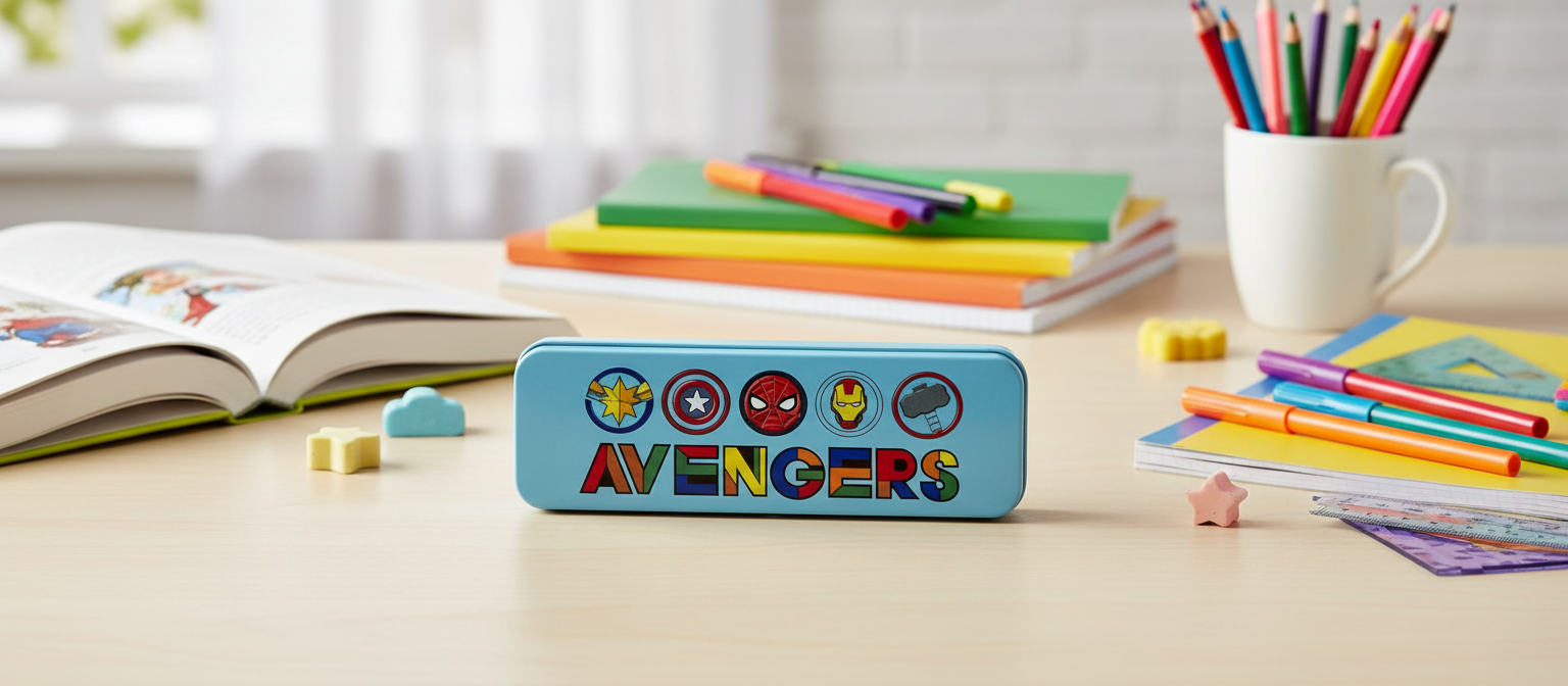 QIPS by HMI AVENGERS & Disney Double Layer Stationary Organizer for Kids Metal Pencil Box.