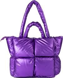 Buddy Cares Puffy Tote Bag – Padded Lattice Puffer Shoulder Bag for Women – Purple